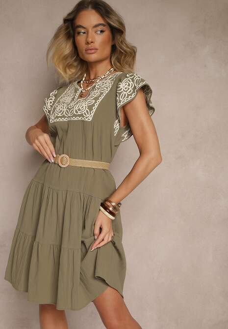 Zielona Bawełniana Sukienka Boho Ozdobiona Haftami Eviriella