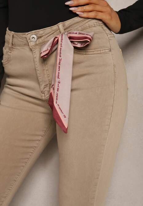 Beżowe Spodnie Skinny z Wysokim Stanem i Ozdobną Chustką Hyadia
