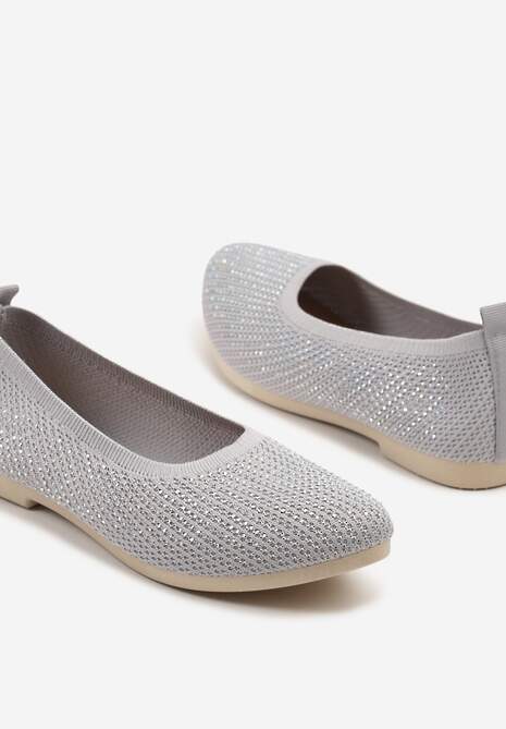 Szare Elastyczne Balerinki z Cholewką Zdobioną Metalicznymi Przeszyciami Elitella