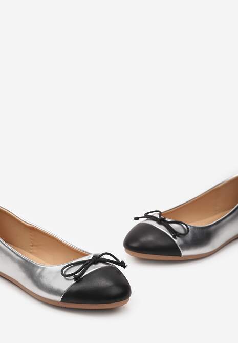 Srebrne Klasyczne Balerinki z Okrągłym Przodem i Kokardką Engobe