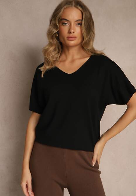 Czarna Bluzka z Dzianiny z Dekoltem w Serek Fenalise