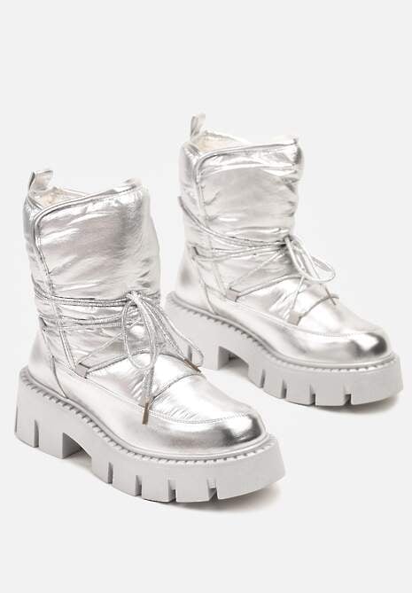 Srebrne Sznurowane Śniegowce na Platformie z Tłoczeniem Ozdobione Metaliczną Nicią Batirae