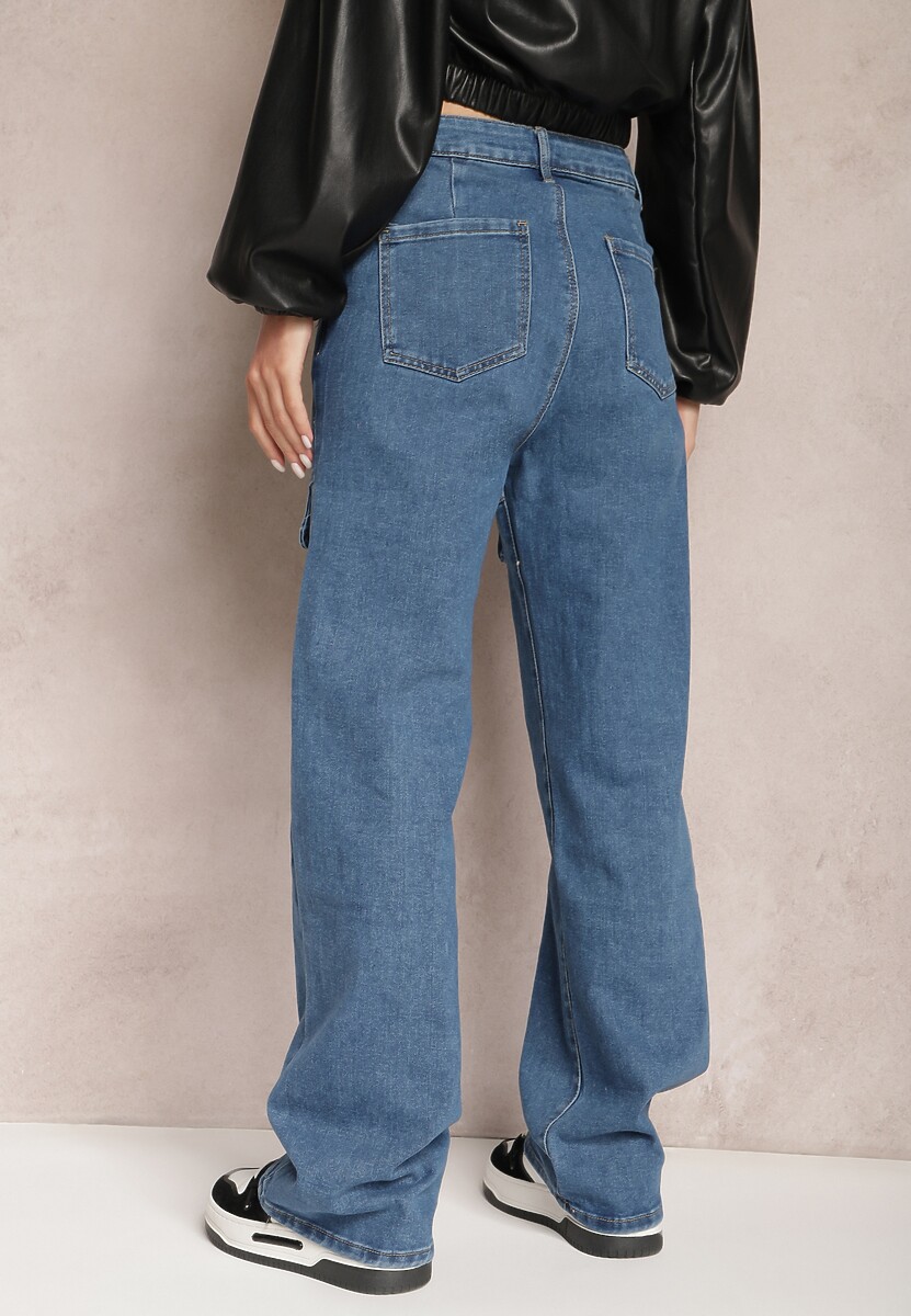 Niebieskie Bawełniane Spodnie Bojówki z Prostymi Nogawkami i Kieszeniami z Klapami Aranduil