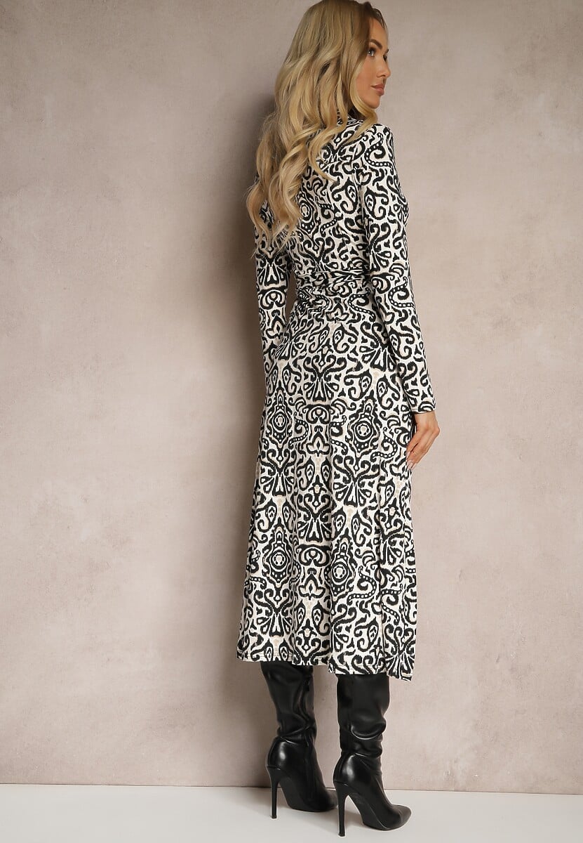 Czarno-Biała Koszulowa Sukienka Midi z Rozkloszowaniem i Paskiem Lanibe