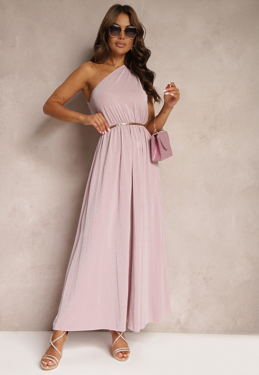 Różowa Plisowana Sukienka na Jedno Ramię z Gumką w Pasie Nansah