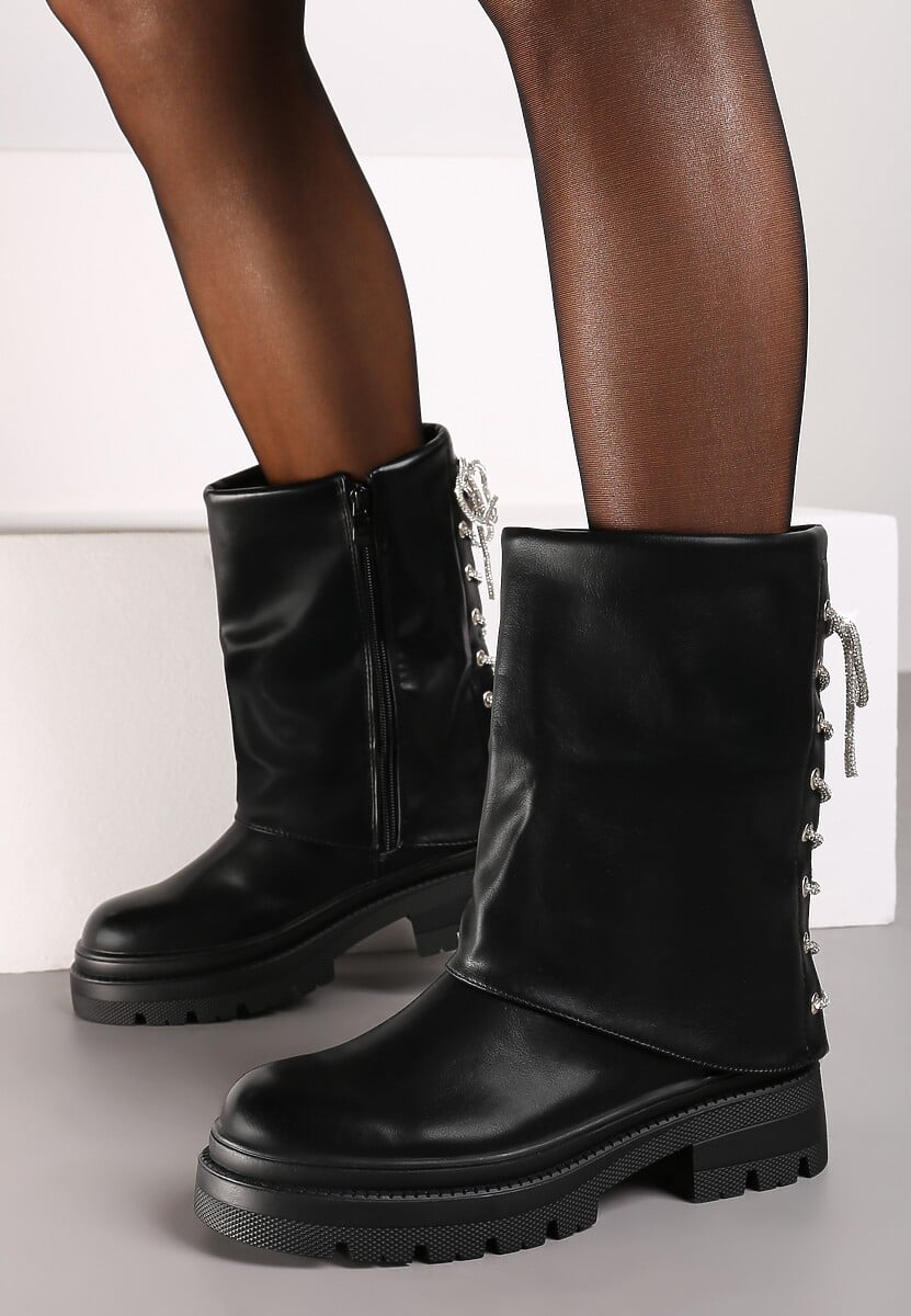 Czarne Botki z Cyrkoniami Wiązane z Tyłu Tariena