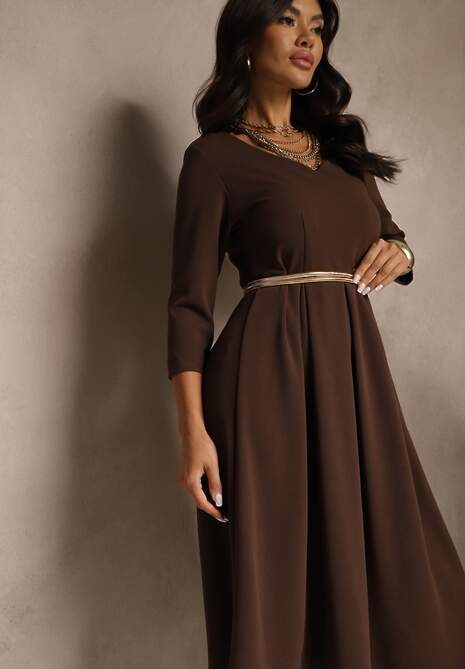 Brązowa Sukienka o Rozkloszowanym Kroju z Rękawem Długości 3/4 Nomini