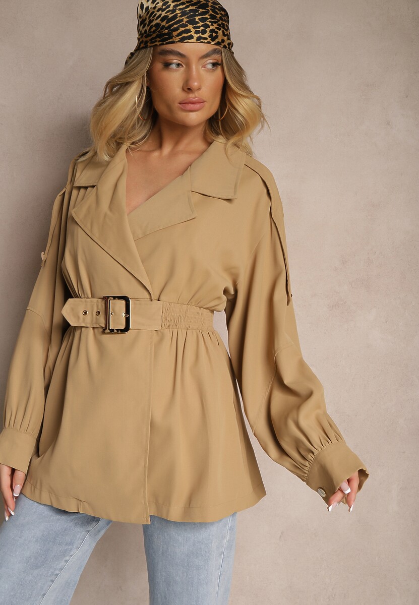 Beżowy Płaszcz o Krótkim Fasonie z Paskiem i Elastyczną Talią oraz Bufiastymi Rękawami Pathia