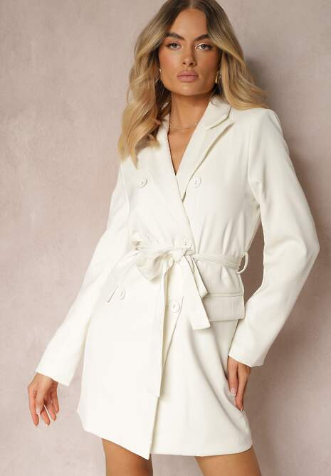 Biała Marynarka Sukienka z Paskiem w Talii Dwurzędowa z Poduszkami w Ramionach Noreana