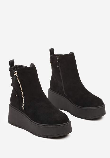 Czarne Botki na Koturnie z Ozdobnym Suwakiem z Boku Linneasia