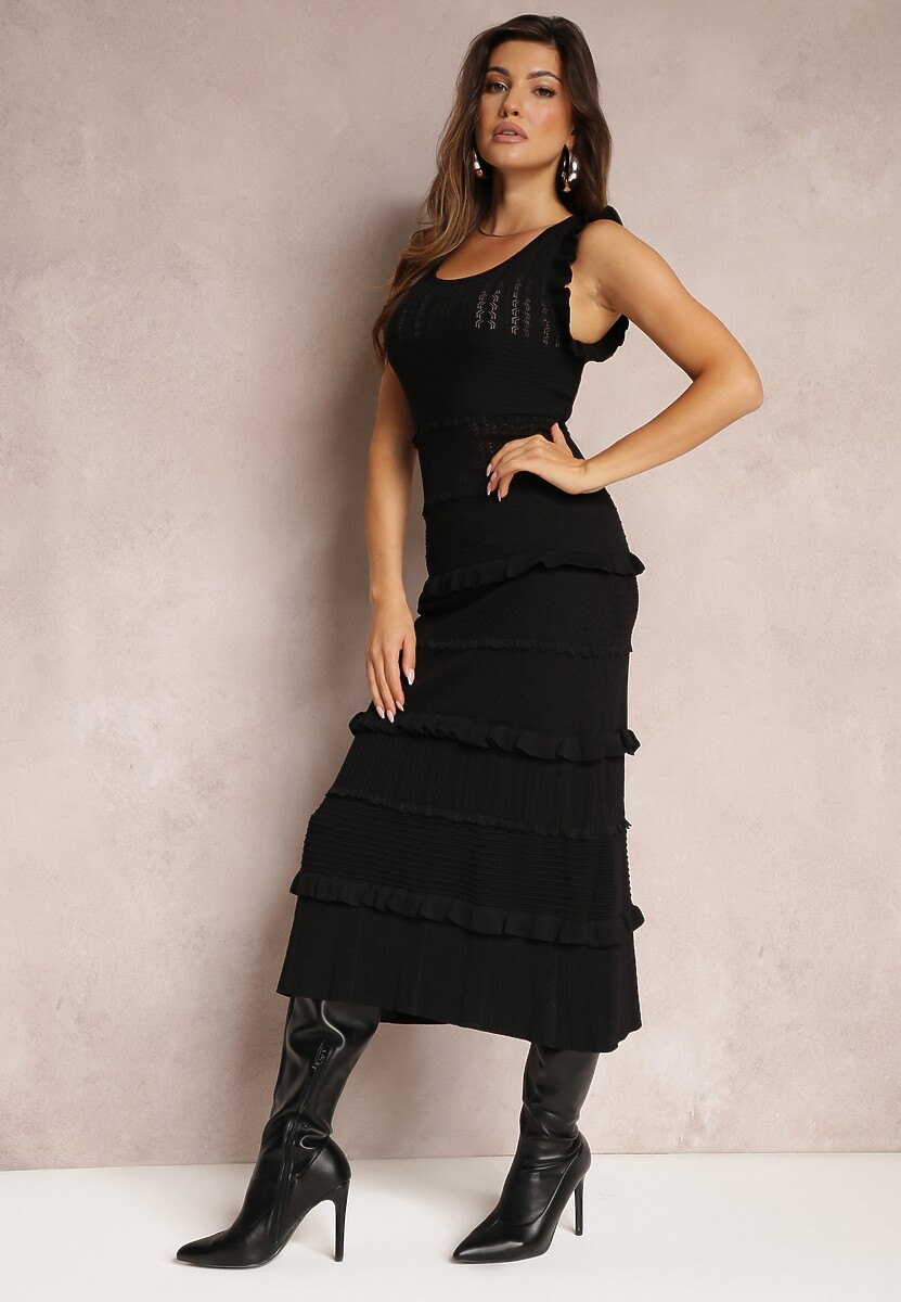 Czarna Taliowana Sukienka Sweterkowa z Falbankami Jaallee