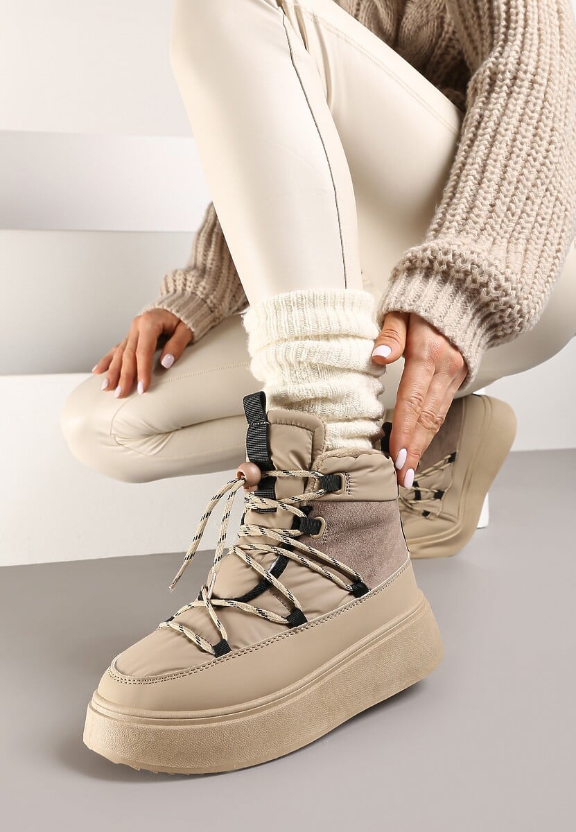 Beżowe Sznurowane Śniegowce Mocno Ocieplane na Platformie Tinnacia