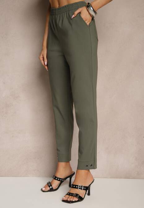 Ciemnozielone Spodnie z Wiskozą High Waist i Ozdobnymi Napami Redaira