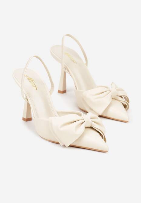 Beżowe Sandały na Szpilce Slingback Ozdobione Kokardą Terrafera