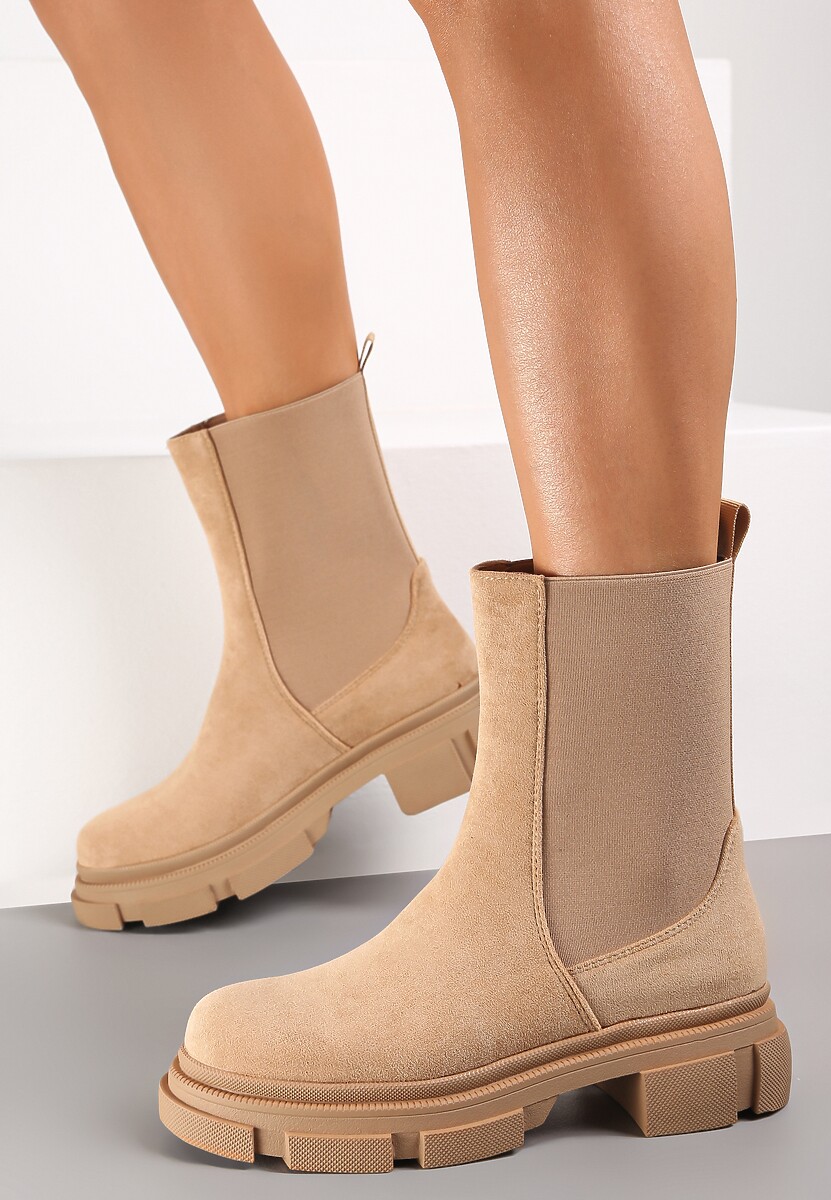 Ciemnobeżowe Botki na Grubej Podeszwie z Elastyczną Cholewką Batteux