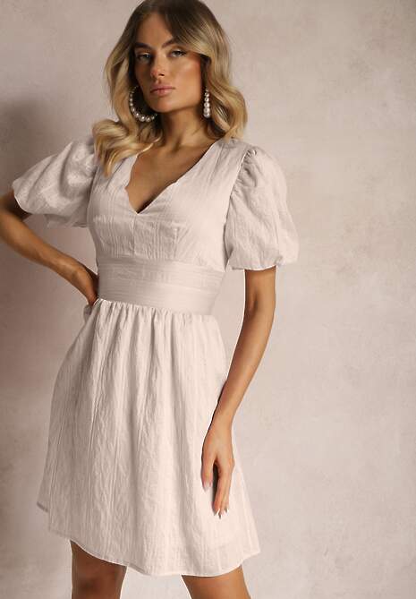 Beżowa Taliowana Sukienka z Dodatkiem Bawełny na Suwak Ozdobiona Bufiastymi Rękawami Malfea