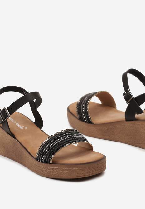 Czarne Sandały Zapinane przy Kostce z Cyrkoniami na Koturnie Madoka