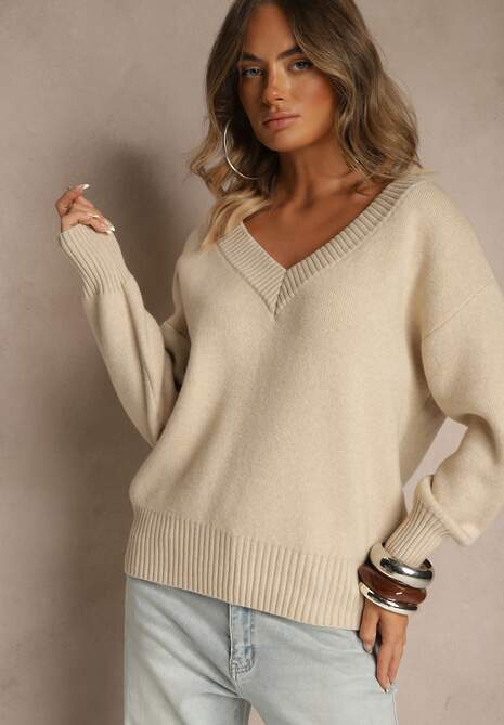 Beżowy Sweter z Kaszmirem i Trójkątnym Dekoltem Plenne