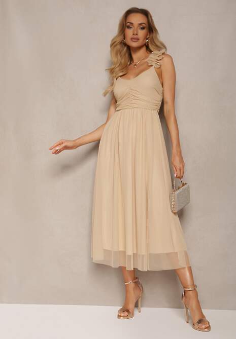 Beżowa Rozkloszowana Sukienka na Ramiączkach z Gumką w Pasie z Falbankami Zafara