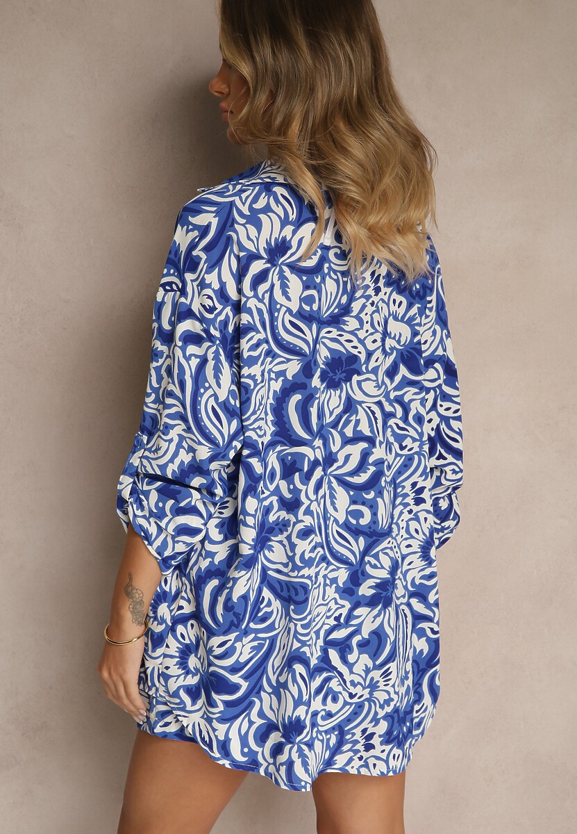 Granatowo-Biały Dwuczęściowy Komplet Koszula z Długim Podpinanym Rękawem Szorty z Gumką w Talii Bellafaie