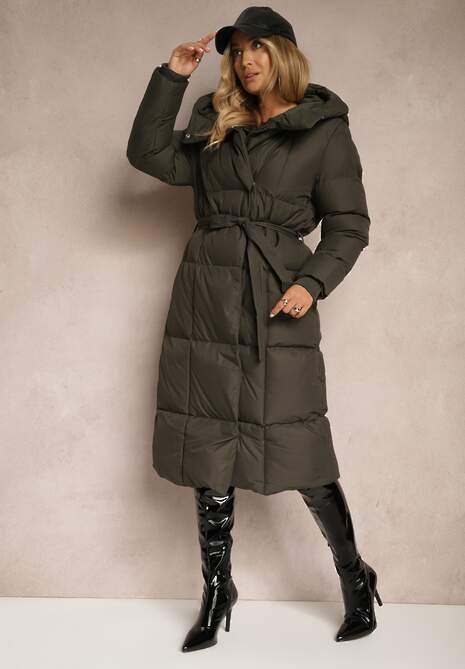 Ciemnozielona Długa Kurtka z Pikowanymi Przeszyciami Kapturem i Wiązanym Paskiem Zalirra