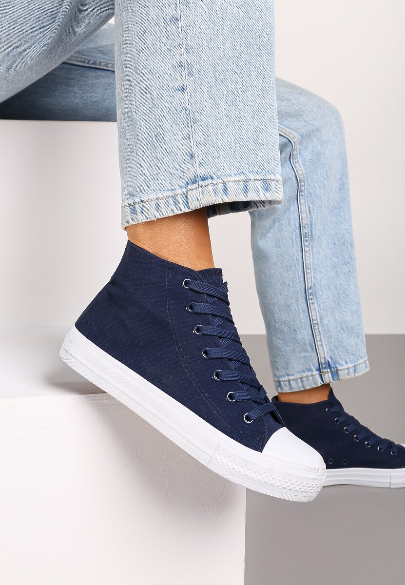 Granatowe Trampki z Wysoką Cholewką i Sznurowaniami Relagia