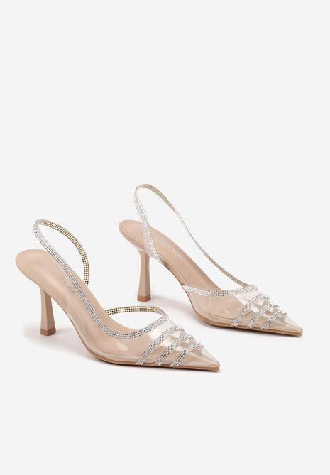 Beżowe Sandały Transparentne z Cyrkoniami na Obcasie Typu Szpilka Felinira