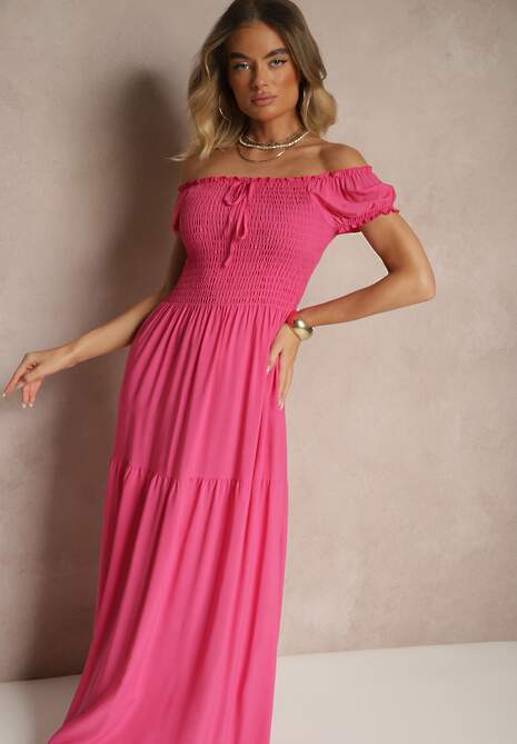 Różowa Sukienka z Wiskozy w Stylu Hiszpanki Ozdobiona Marszczeniem Jenalena