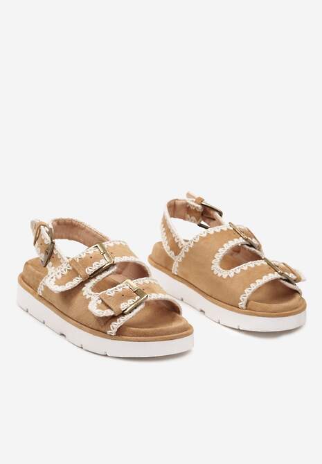 Brązowe Sandały na Niskiej Platformie ze Sprzączkami Obisina