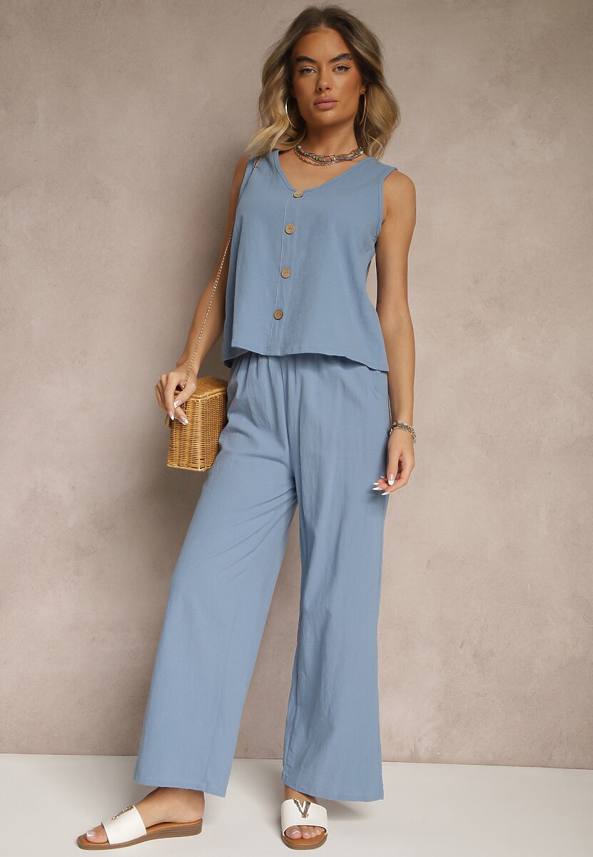 Jasnobeżowy Komplet z Bawełny Bluzka z Guzikami Szerokie Spodnie z Gumką w Talii Floricella