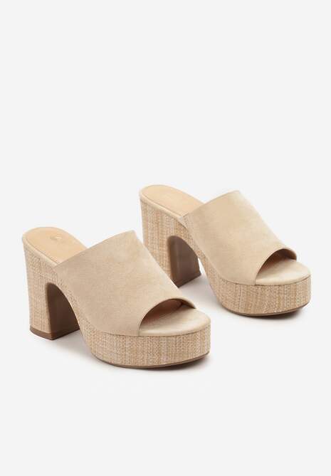 Beżowe Klapki na Platformie i Słupku z Szerokim Paskiem Blinna