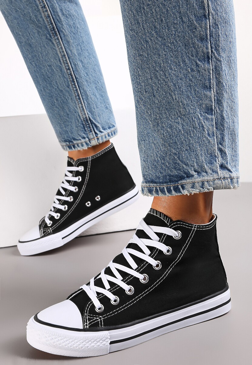 Czarne Trampki na Płaskiej Podeszwie z Lamówką Vinys