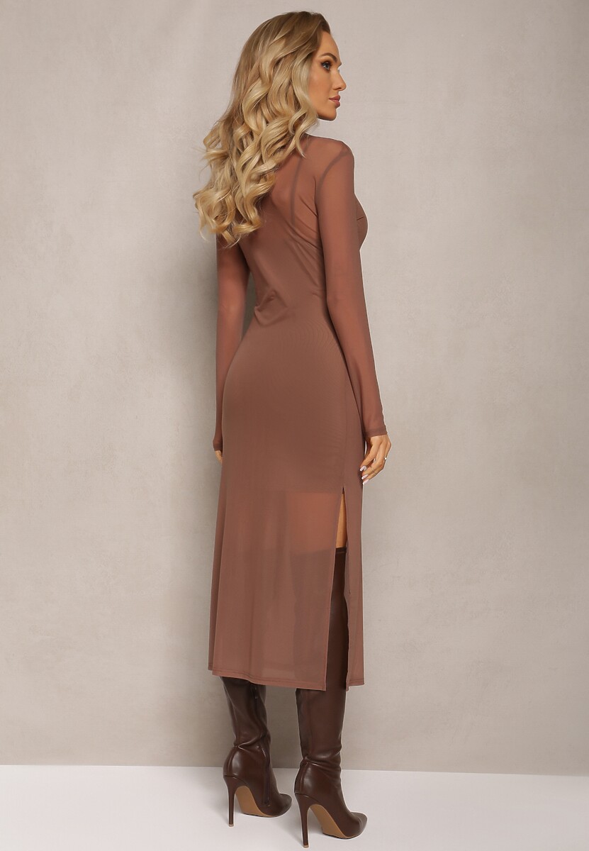 Jasnobrązowa Prześwitująca Sukienka Dzianinowa Midi z Halką Bavina