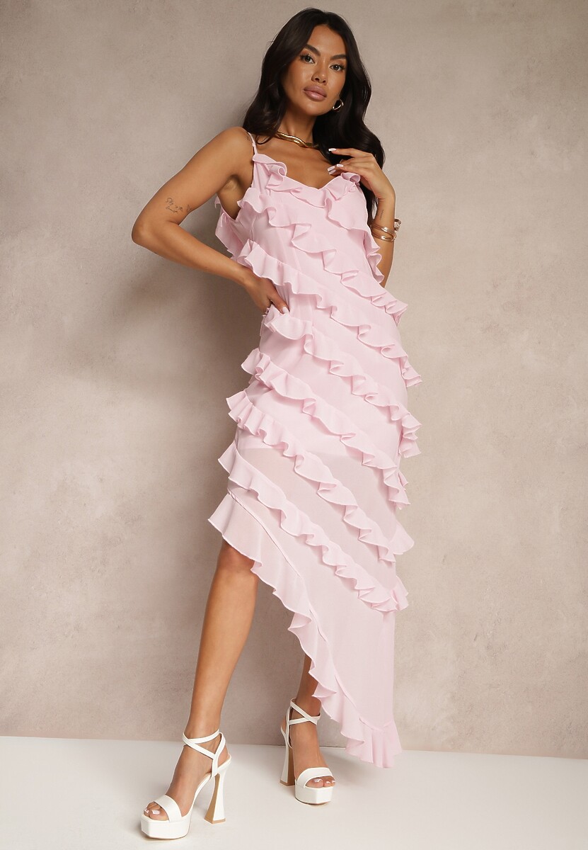 Różowa Sukienka z Falbankami o Asymetrycznym Kroju Linessiela