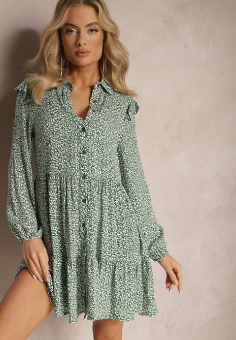 Zielona Mini Sukienka o Rozkloszowanym Kroju w Kwiaty z Falbankami Limrena