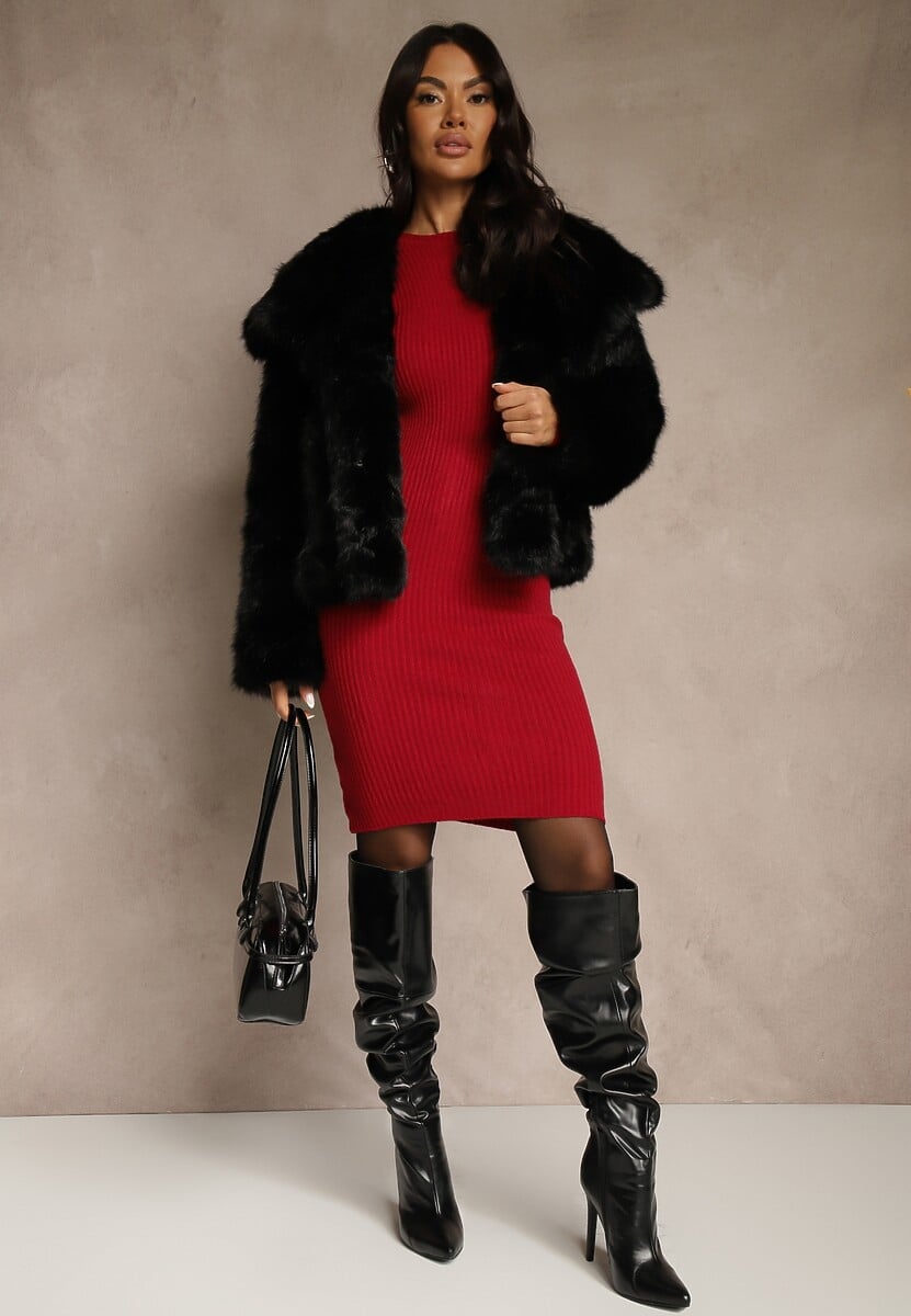 Bordowa Sweterkowa Dopasowana Sukienka z Bawełną Reileta