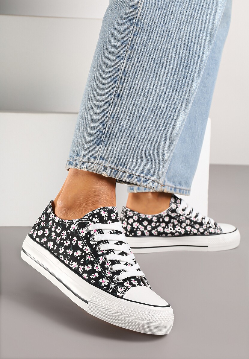 Czarne Casualowe Trampki w Kwiatki Foleriella