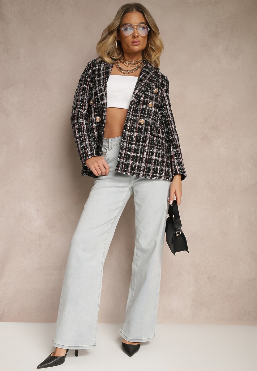 Czarna Dwurzędowa Marynarka z Błyszczącą Nicią i Poduszkami na Ramionach Elilona