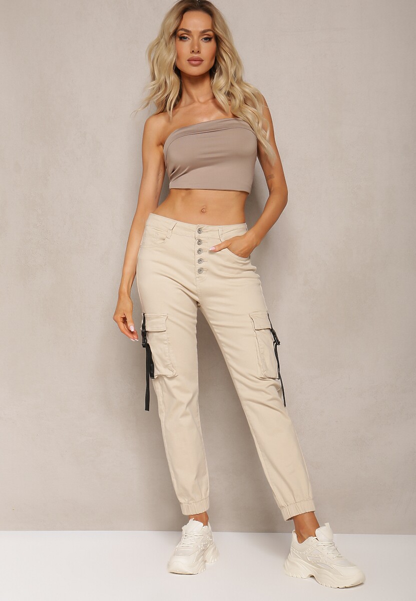 Jasnobeżowe Spodnie z Bawełny Joggery High Waist Abiranca