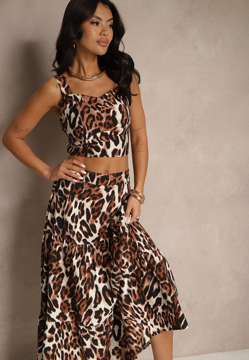 Brązowy Komplet w Cętki z Długą Spódnicą i Topem Ovilara