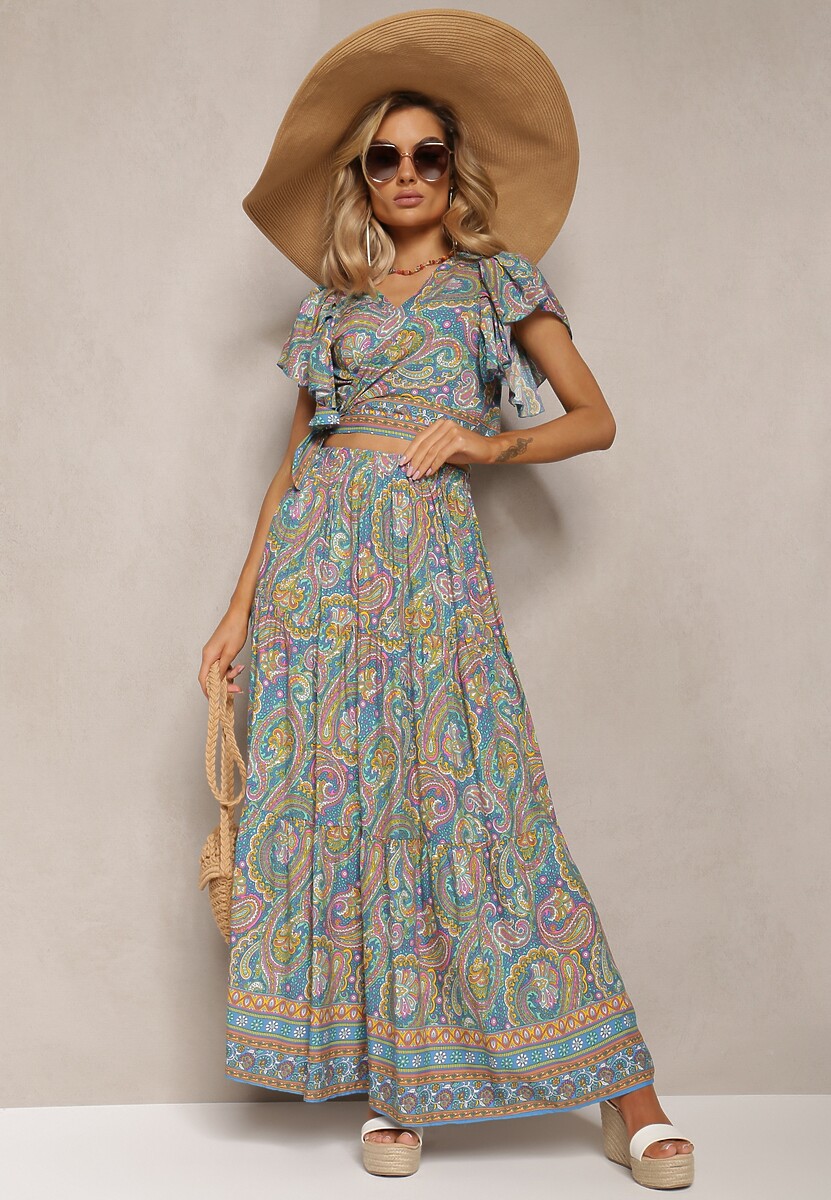 Niebieski Wiskozowy Komplet 2-Częściowy w Print Paisley Długa Spódnica i Kopertowy Top Aeodosia