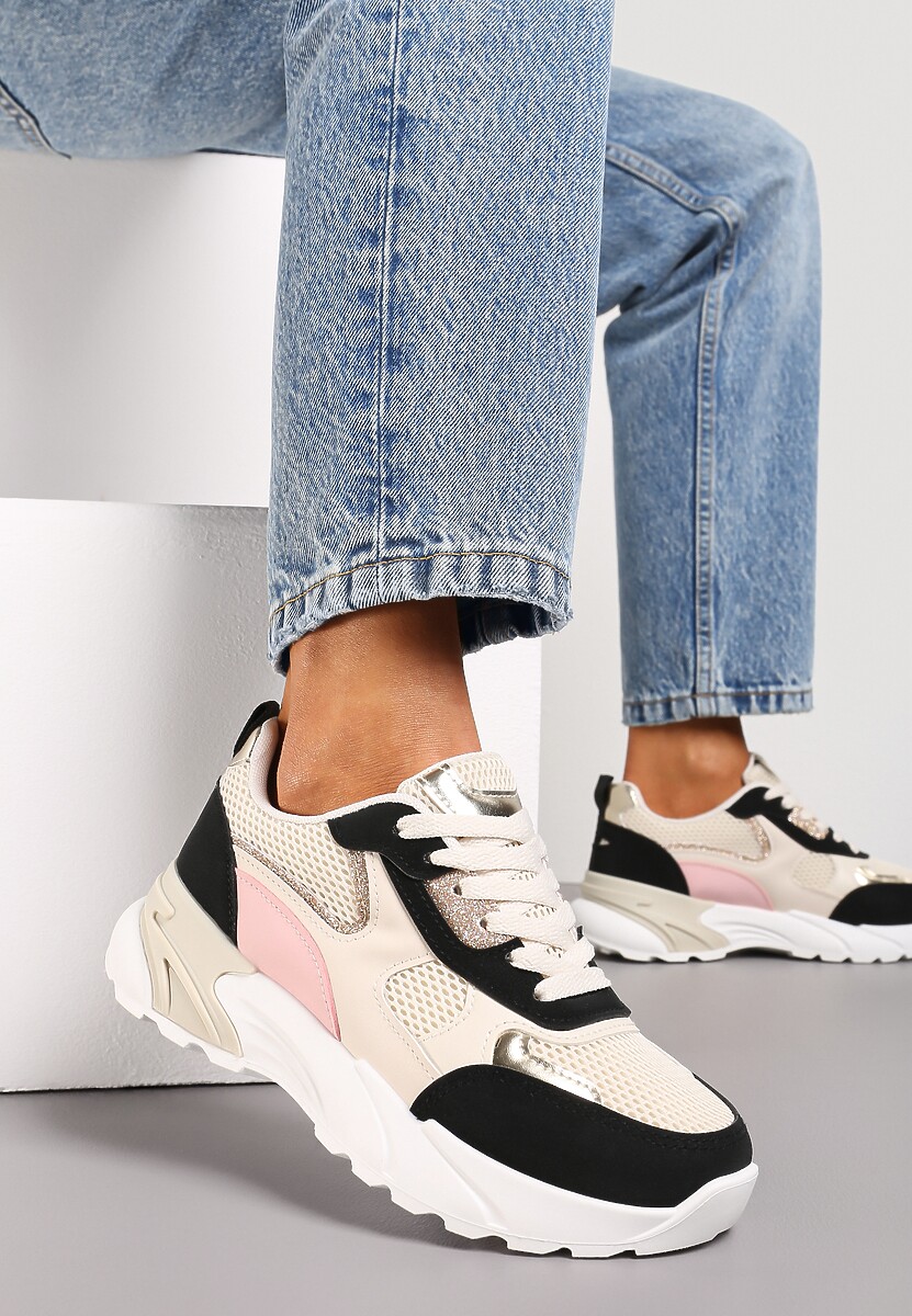 Beżowo-Białe Sneakersy z Metalicznymi i Siateczkowymi Wstawkami Efalia