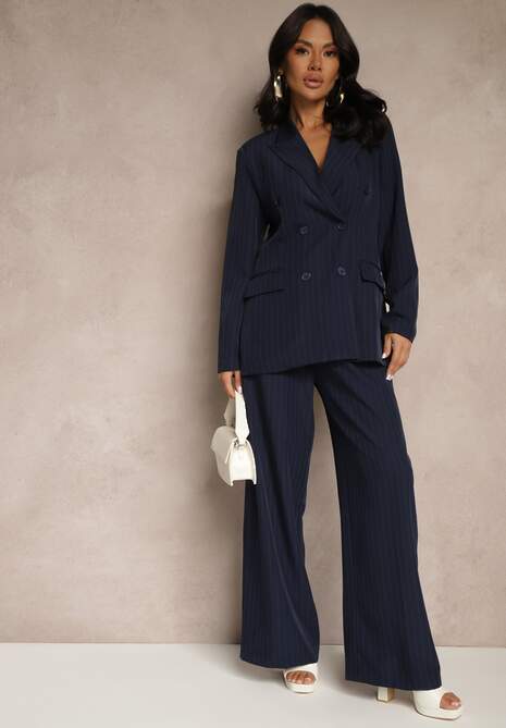 Granatowe Szerokie Spodnie Garniturowe z Wiskozą Ozdobione Paskiem Ellilara