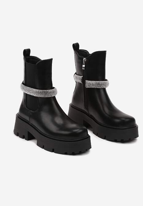 Czarne Botki Sztyblety na Platformie Ozdobione Paskiem z Cyrkonii Zinlera