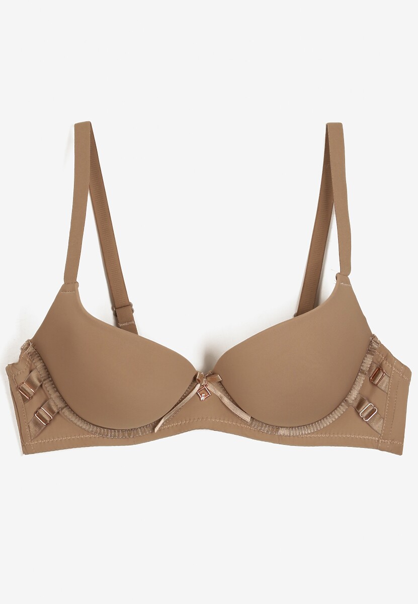 Ciemnobeżowy Biustonosz Miseczka B Push-Up na Regulowanych Ramiączkach Ozdobiony Aplikacją Alerisia