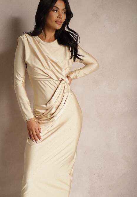 Beżowa Sukienka o Dopasowanym Kroju z Marszczeniem i Cyrkoniami Asila
