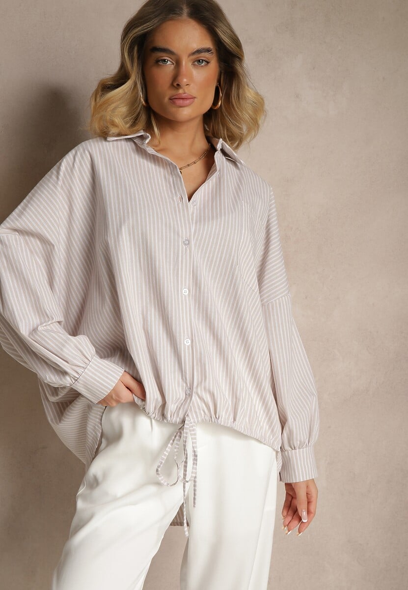 Ciemnoszara Koszula z Bawełny o Kroju Oversize w Prążki ze Ściągaczem w Pasie Neoritia