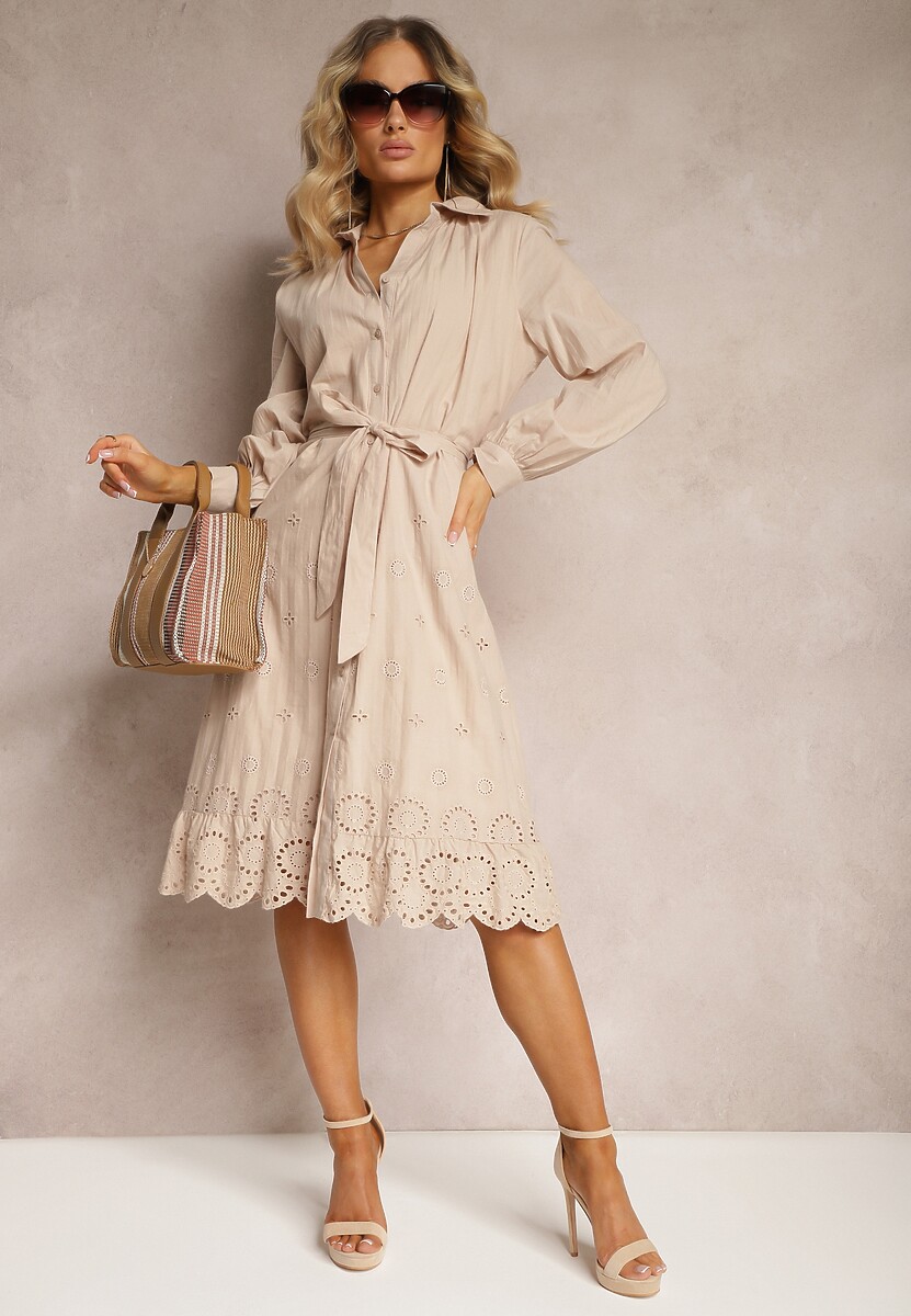 Beżowa Bawełniana Sukienka Koszulowa z Guzikami i Materiałowym Paskiem Wykończona Koronką Satala