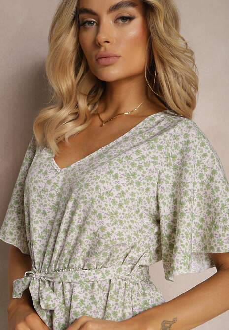 Zielony Taliowany Kombinezon z Materiałowym Paskiem i Gumką w Pasie Wykończony Guzikiem z Tyłu Penilla