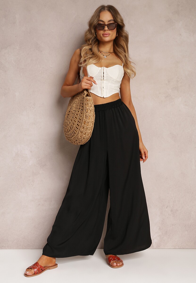 Czarne Spodnie z Szerokimi Nogawkami i Gumką w Pasie Jacobisa